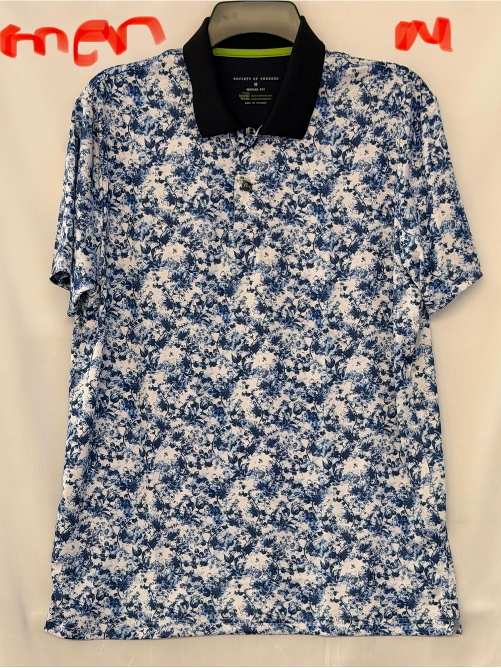Society Of Threads Blue Floral Polo with Black Collar